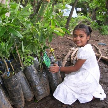 young girl helping plant trees